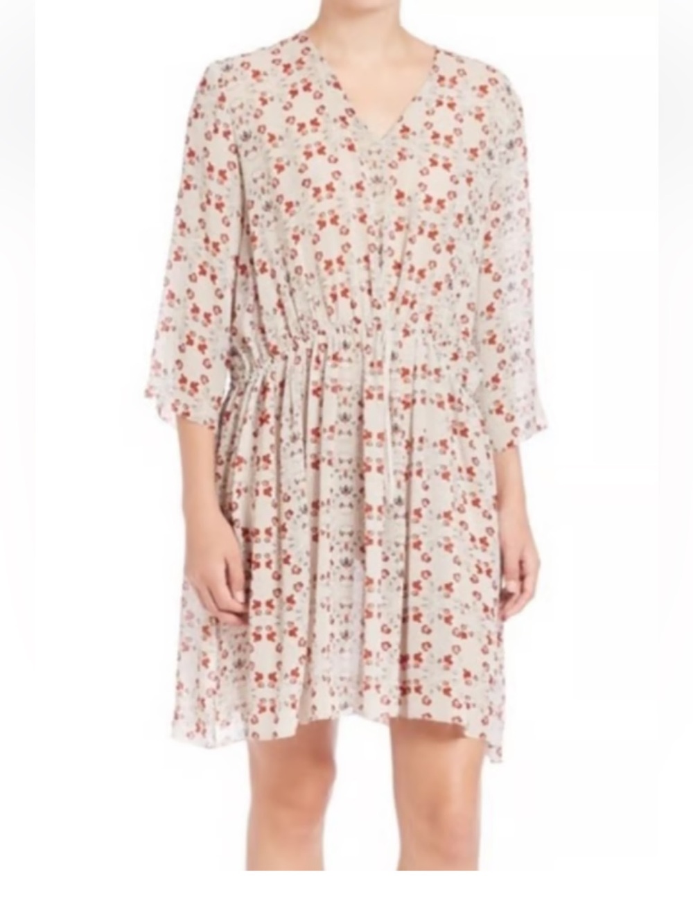 Suno Silk V-Neck Drawstring Waist Mini Dress Cream Rust Floral Fall 10